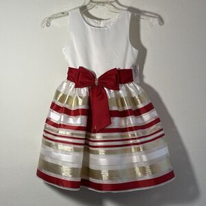 NEW Rare Editions Girls Fit&Flare Striped Satin Bow Formal Dress Red Gold Sz8-10